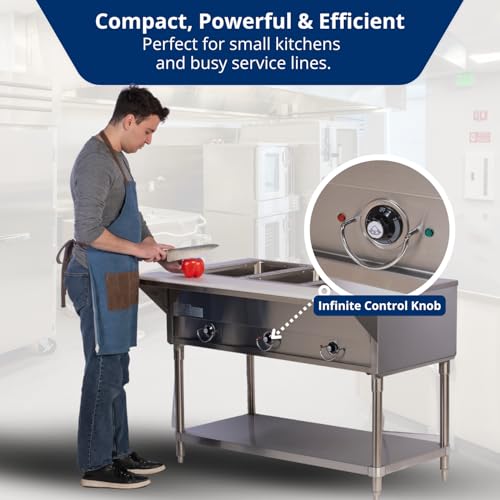 fse 373-est-3sw stainless steel electric steam table with 3 wells 30-58 x 48 x 34-38 poly cutting board and stainless steel undershelf