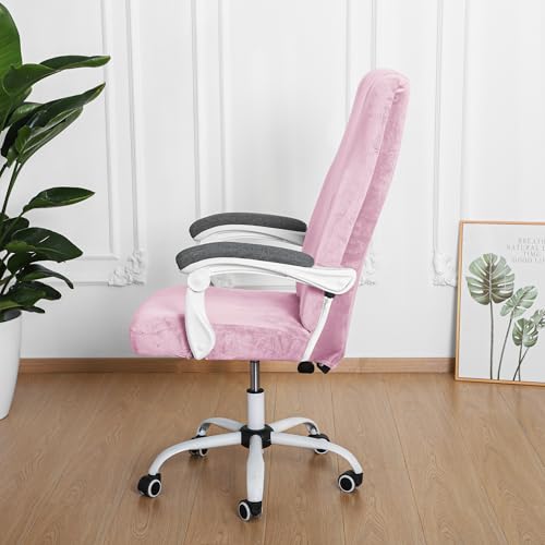 Image of FORCHEER Velvet Large Office Chair Cover Pink Stretchable Computer Armchair Slipcover for Desk Chair Elastic Protector for Pets 1 Piece Washable Removable