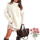 Minikleid-Set mit Rollkragenpullover für Damen, locker sitzendes Rollkragenoberteil, Elegantes, Plissiertes Unterkleid mit Spitzenbesatz (White,XL)