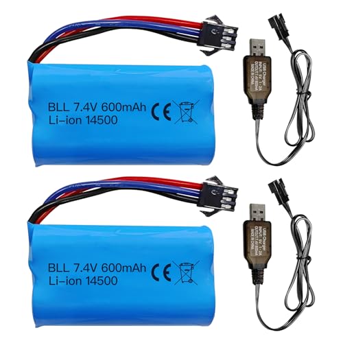 Fytoo 2PCS 7.4V 600mah 2S Li-ion Battery with SM-3P Plug with 2PCS USB Charging Cable for DE82 TK3086B G20601 RC Toy RC Car TK-3082B Stunt Flip Car Battery