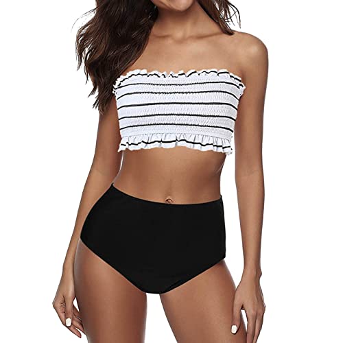 Shffuw Viquinis Mujer 2023 Tallas Grandes Biquinis Conjunto de Bikini Talle para Mujer Bikini sin Tirantes Bandeau con Volantes Acolchado 2 Piezas Parte Arriba (White, XXL)