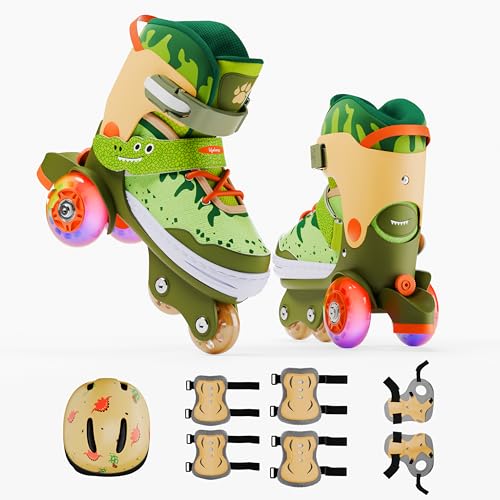 Image of Lifelong Inline Skates for Kids | Adjustable |4 Wheels Light-Up Skate for Boys & Girls | Roller Blades for Beginners | ABEC-7 Bearings | Safety Gear Set | Green, XS (27-30 cm)