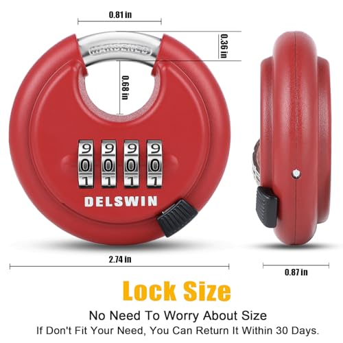 Image of DELSWIN Outdoor Combination Padlock - 4 Digit Heavy Duty Disc Lock with Hardened Shackle,Combo Padlock for Gate,Storage Unit,Fence(25 /64 inch Shackle, Red,1Pcs)