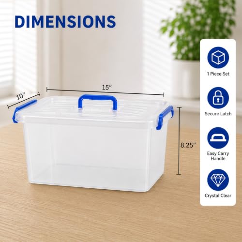 Image of Basicwise Clear Tote with Latching Lid - Stackable Plastic Organizer Bin, Durable Container for Home, Office, or Closet - Built-In Handles, Transparent Design, Modern Style, Large Capacity