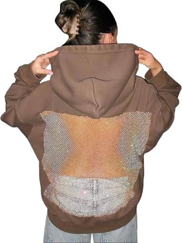 2026 New Y2K Grunge Crystal Mesh Back Hoodie EMO Women Long Sleeve Goth Oversize Sweatshirts Alt Clothes (Brown,M)
