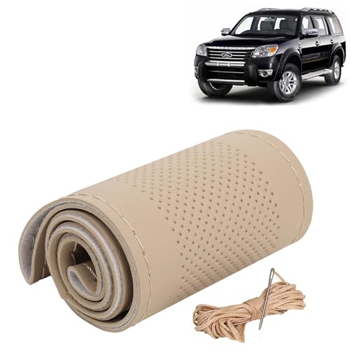 Image of KINGSWAY PU Leatherite Car Steering Cover Sewable Compatible with Ford Endeavour (Year 2009-2015), Beige Color with Beige Thread, Pack of 1 with Sewing Needle and Thread