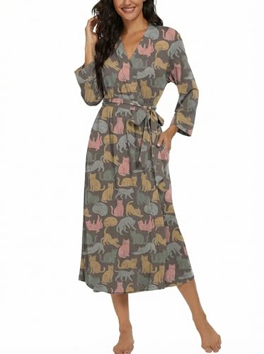 Image of VINTATRE Robes for Women Long Knit Bathrobe XS-4XL | 3 /4 Sleeve Bathrobes with Pockets, Stretchy and Lightweight Fabric, Inner Tie and Fixed Outer Matching Belt, Mid Calf Length