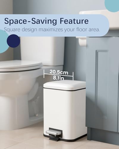 Bathroom Trash Can with Lid, 6 Liter / 1.6 Gallon Stainless Steel Trash Bin, White Garbage Can with Removable Inner Bucket, Perfect Square Step Bin for Kitchen, Bathroom, Office, Bedroom