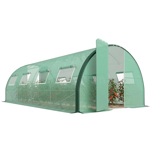 Outsunny Serre Tunnel de Jardin 18m², Serre de Jardin Tunnel 600x300x200cm avec Portes et 8 fenêtres avec moustiquaires, pour extérieur, Toutes Saisons, légumes, bâche PE Haute densité 140 g/m² Vert