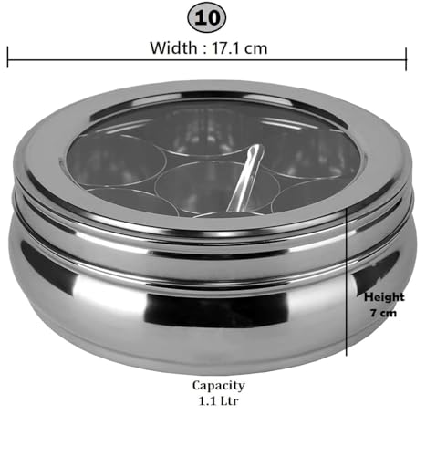 Image of INKULTURE Stainless Steel Masala Box For Kitchen, Belly Shaped And Capacity 1.1 Liter | Spice Box /Masala Dabba /Namak Dani With See Through Lid, 07 Containers And Spoon | Anjarai Petti,Silver