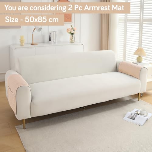Image of HOKIPO Polyester Quilted Sofa Arm Cover With Pockets, Beige, Pack Of 2 (1 Pair) (In-787-Bge*2)