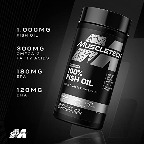 Omega 3 Fish Oil Capsules Muscletech 100% Omega Fish Oil Burpless Fish Oil Supplement Omega 3 Fatty Acid Supplement Fish Oil 1000Mg Pills, 100 Count #TOP3