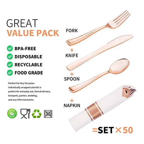 Isfangco 50 Pack Pre Rolled Rose Gold Plastic Cutlery Set, Wrapped Plastic Silverware Set With 50 Forks, 50 Knives, 50 Spoons And 50 Linen-Like Napkins, Disposable Cutlery Set For Party And Wedding #TOP5