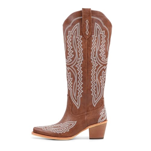 Image of LingxiaUne Cowboy Boots for Women Floral Cowgirl Boots with Pointed Toe and Chunky Heel Mid Calf Western Boot for Concert Festival Country Night Party