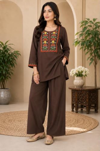 Image of Women's Embroidered Kurta Palazzo Set | Ethnic Co-Ord Set with Printed Design | Casual Traditional Outfit.