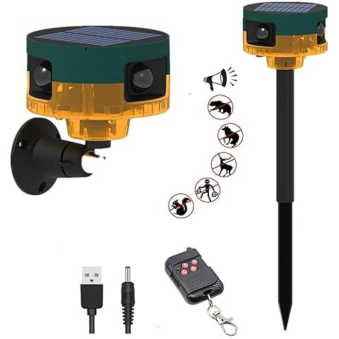 HULPPRE Solar Outdoor Motion Sensor Alarm-Dog Barking&Gunshot Sound,130db Loud Noise Maker,Support Recording,13 Kinds of Sound Strobe Light with USB,Say Goodbye to The Intruders Cover