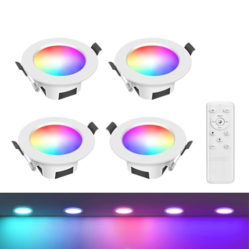 GEYUEYA Home Bluetooth RGBWC Downlight LED teto portátil inteligente 5 W, redondo ultrafino APP controlo, RGB e branco regulável 2700-6500 K, para sala de estar cozinha, 4 pacotes