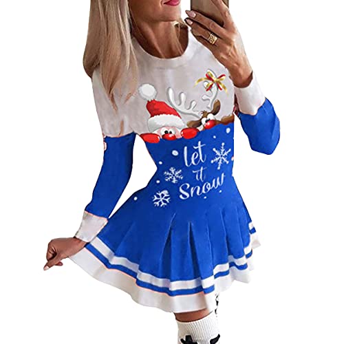 Onsoyours Damen Langarm Swing Skaterkleid Minikleid Weihnachtskleid A Blau M