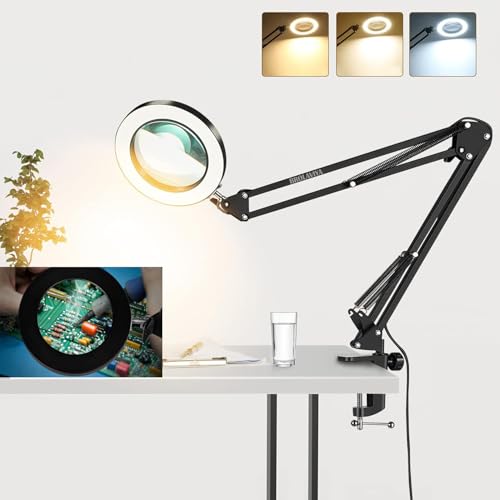 Image of BROLAVIYA Overhead 5X Magnifying Glass with Led Light and Stand, 3 Color Modes Dimmable, Large 2 Way Base clamp, Magnifier Desk Lamp for Close Work, Repair, Crafts, Makeup, Reading, Photography