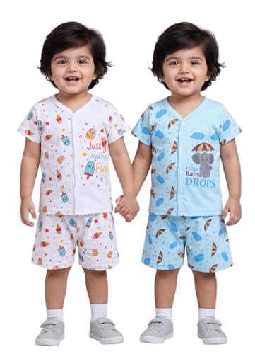 Image of Chandrika Baby Boys & Girls Regular Fit 100% Cotton Half Sleeve Jhabla & Shorts Set Pack of 3