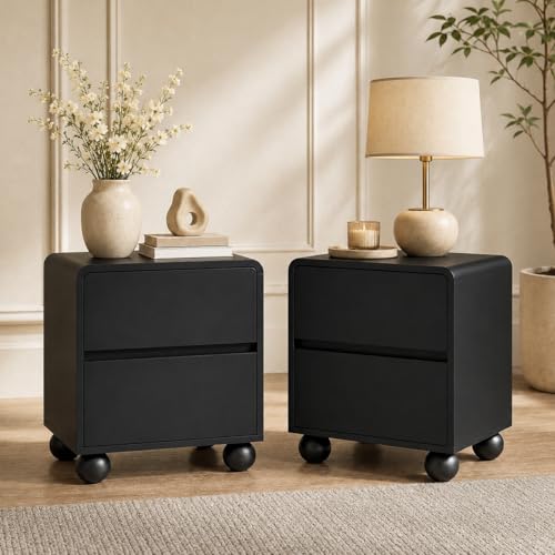 Image of Furniway Black Nightstand Set of 2, Modern 2 Drawer Bedside Table with Curved Profile Design and Handle-Free Drawers, Modern End Table with Storage for Bedroom