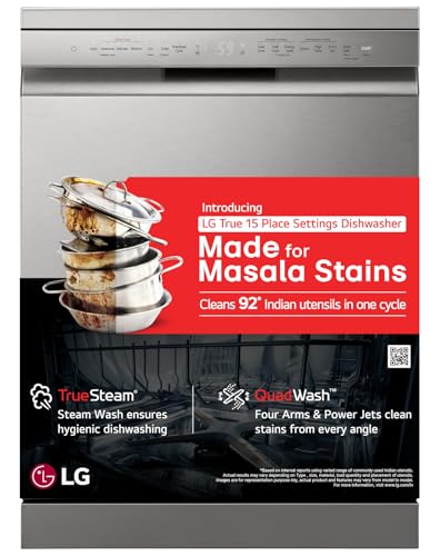 LG 15 Place Settings with TrueSteam Technology Freestanding Dishwasher (DFB435FV, Prime Silver, Auto Open Door, QuadWash, EasyRack Plus-Easy to load all types...