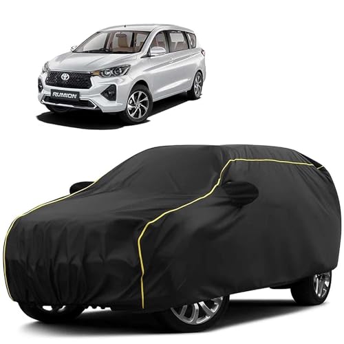 Image of Sulfar 100% Water Resistant Car Body Cover Compatible with Mirror for Toyota Rumion(Ertiga) (Triple Stitched, Full Bottom Elastic, Black Tafetta with Yellow Piping)