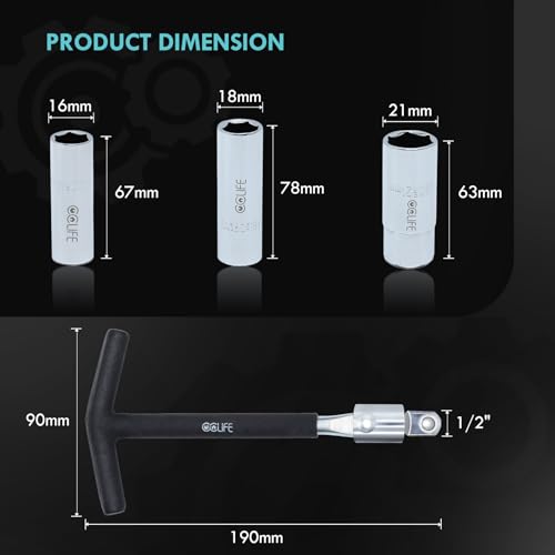 CCLIFE Zündkerzenschlüssel Universal 16mm, 18mm, 21mm 4-teilig für Auto und Motorrad, T-Griff 1/2” Zündkerzensteckschlüssel, Zündkerzenentferner-Werkzeug, Schwarz