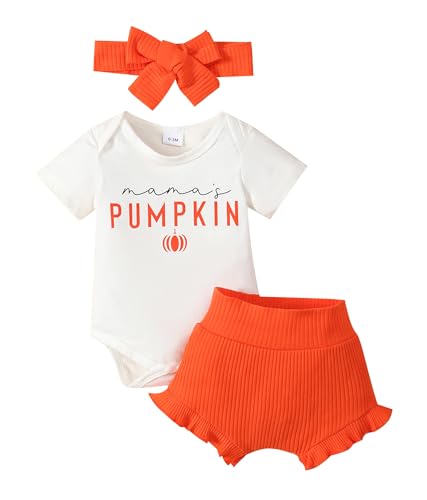Image of Tinypainter Halloween/Thanksgiving Baby Girl Outfit Pumpkin Romper+Ruffle Shorts Set+Headband Newborn Fall Clothes Clothing
