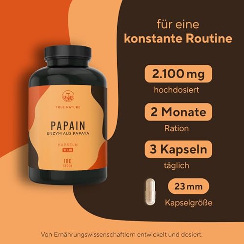 Papaya Enzym Kapseln - Hochdosiert: 2100mg Papain Extrakt - 180 Kapseln - Papain Enzymaktivität: 6 mio. Units/g - Vegan, Deutsche Produktion - TRUE NATURE®