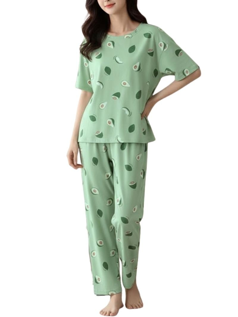 Printed Round Neck Short Sleeve Nightsuit Set | Pajama Set | Casual Night Dress for Women