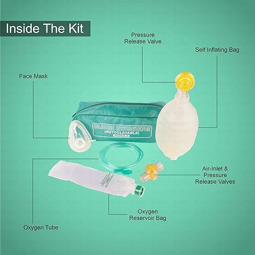 Image of OTICA Silicone Ambu Bag Kit with Mask & Oxygen Tube | Autoclavable Manual Resuscitator Bag Valve Mask (BVM) | Latex- Free Emergency CPR Ventilation Kit for Hospitals & Emergency Care - Adult (1600 ml)
