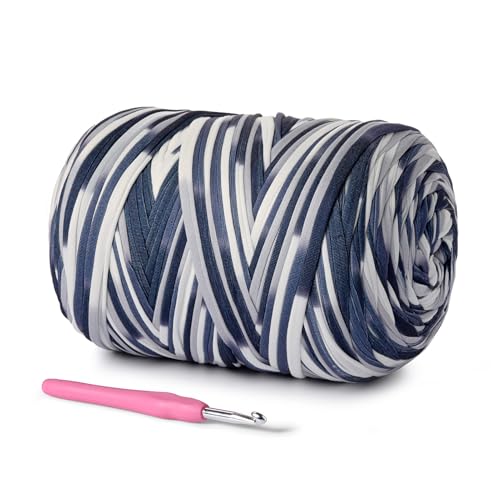 Image of (800g /228yds) T Shirt Yarn, Soft Tshirt Crochet Yarn for Crafts and DIY Knitting Crocheting Cloth /Bag /Basket /Coaster, 100% Polyeste Elastic Fabric Chunky Thick Yans(Black White-Grey)