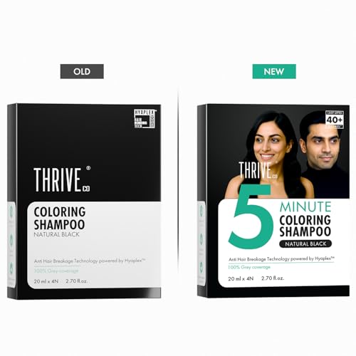 ThriveCo Hair Coloring Shampoo, Natural Black | 5-Minute Instant Hair Dye Color Shampoo | 100% Coverage for Grey Hair | Ammonia-Free, Long Lasting | Glossy Finish with Hyaplex™ | for Men & Women | Pack of 4 x 20ml (80ml)