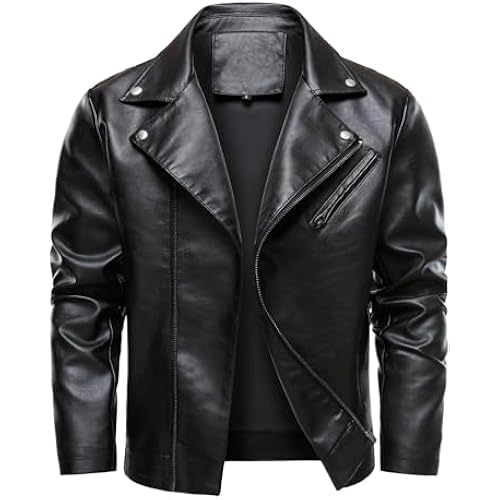 HOOD CREW Men’s Faux Leather Jacket Lapel Motorcycle Biker Coats