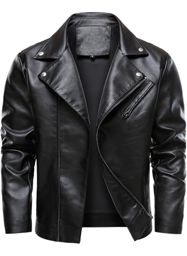 HOOD CREW Men’s Faux Leather Jacket Cool Motorcycle Lapel Biker Jackets Zip Up Riding Coat Black 3XL