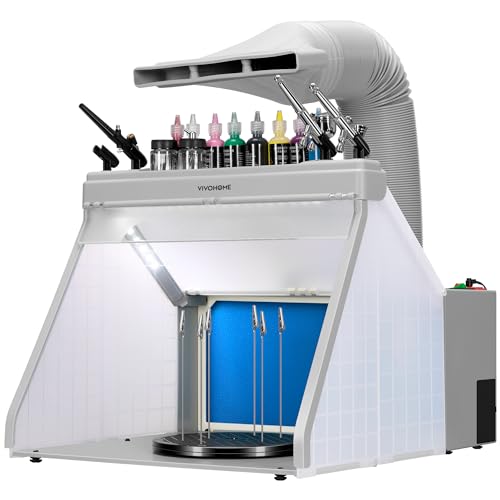 VIVOHOME Airbrush Absauganlage tragbare Spritzkabine mit 3 LED Beleuchtung mit Farb- und Spritzpistolenständern Drehtisch und Filterschwamm für Kuchen Nagel Spielzeug Modellbau Lackierarbeiten