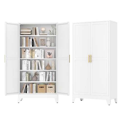 Image of GAIOUS 79 inch Tall New Update Kitchen Pantry Cabinet, Metal Storage Cabinet | with 2 Doors and 5 Adjustable Shelves, Steel Cupboard for Kitchen Dining Bathroom Bedroom, White, Freestanding, Wider Deeper