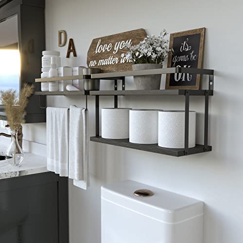 Richer House 2+1 Tier Wall Mounted Floating Shelves Set Of 2, Rustic Wood Wall Shelf With Metal Frame, Extra Storage Rack For Bathroom, Kitchen, Bedroom With Tissue Rack & Towel Bar - Black #TOP4