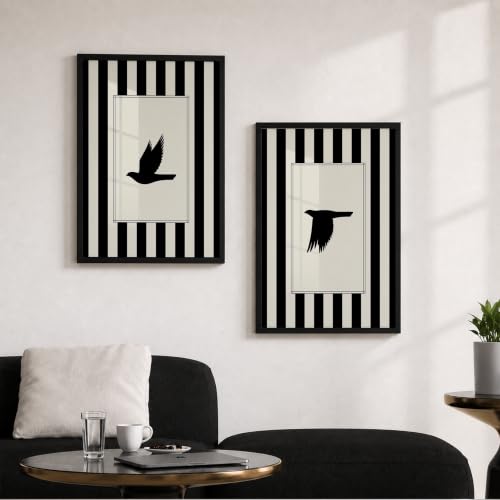 Image of Suneree Flying Birds Wall Art Set of 2 Framed Paintings | Black White Striped Minimal Bird Silhouette Poster | Living Room Bedroom Home Decor (Art 13, 10x13 Inches, Black)