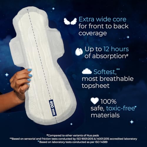Image of Nua All Night Comfort Sanitary Pads | Pack of 16 (XXXL 400mm) | Extra Wide Core | Front to Back Coverage | Upto 12 Hours of Absorption | Super Soft and Breathable | No Rashes | 100% Toxic-Free