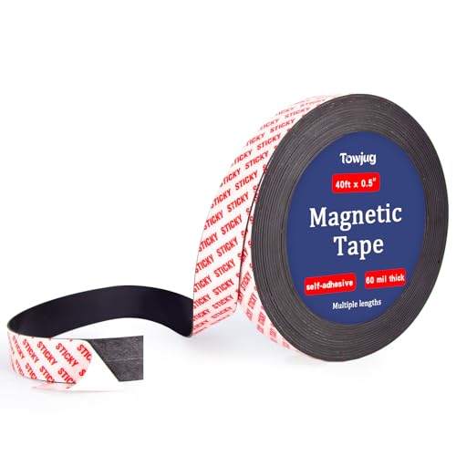 Towjug Magnetic Tape Roll 40 Feet with Self Adhesive Backing, Flexible Sticky Magnet Strips for Lightweight Craft DIY Projects, Whiteboards and Fridge Organization (0.5' Wide x 0.06' Thick)