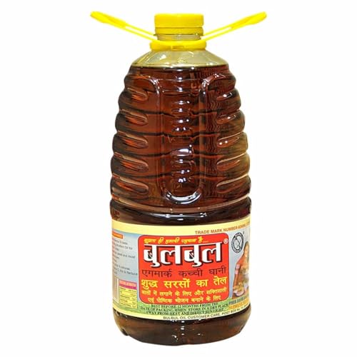 Image of BULBUL Kacchi Ghani Cold Pressed Mustard Oil 5 Litre | Wood Pressed Kolhu Chekku Sarso Tel | Pure & Unrefined Black Mustard Oil | High Aroma & Pungency | No Chemicals | For Cooking, Pickles & Massage