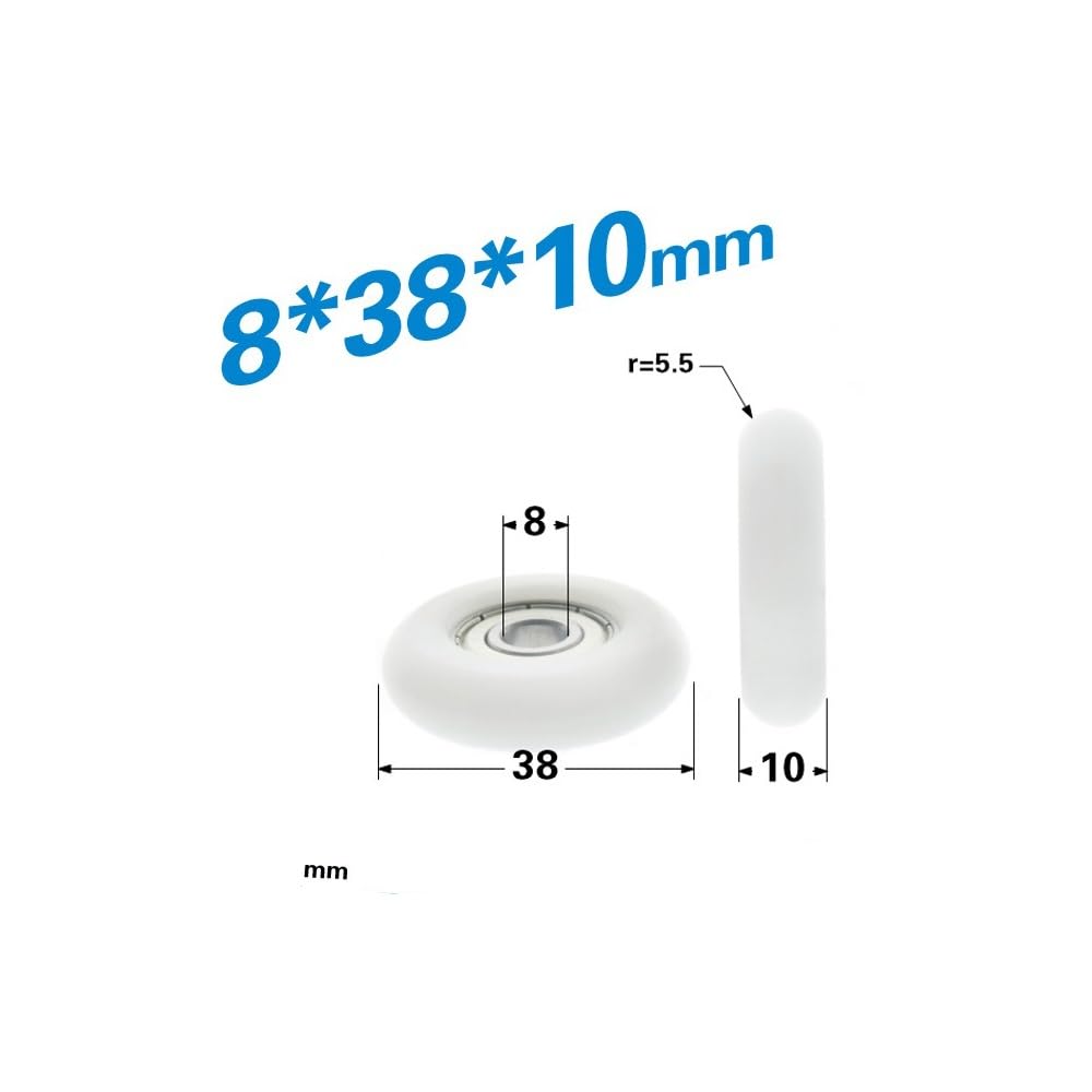 Generisch 8 Stück 8 x 38 x 10mm Weiß Engineering Kunststoff Lager Stahl Kugellager Führungsrolle Roller Runde Radlast 98 KG
