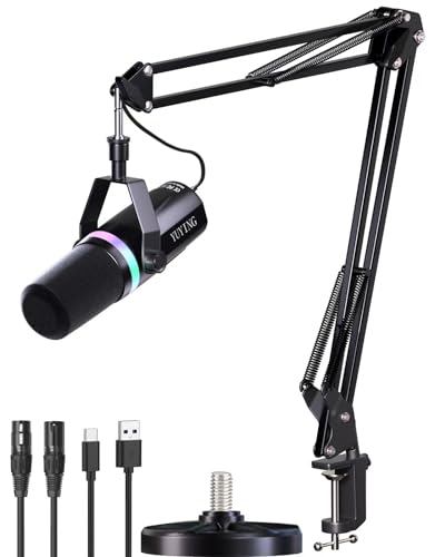 YUYING XLR/USB Dynamic Microphone kit, 192KHZ/24Bit PC Mic, with Boom Arm Stand,RGB Lighting, Mute Button,Headphone Jack,Suitable for Streaming Media, Podcasts, Studio Recording, Singing, Gaming S338