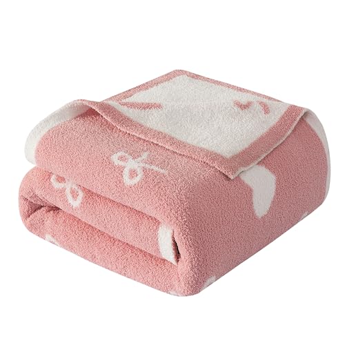 Image of Elegant Comfort Valentine's Day Knit Throw Blanket, Hearts and Bows Super Soft Cozy Fluffy Warm Throw Blankets for Couch, Sofa, Chair, Bed, Camping, Picnic, Travel Lightweight Bed Blanket (50 inch x 70 inch)