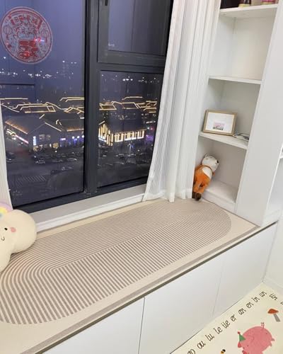 窓枠マット ベージュのベイウィンドウパッド - ミニマルなライン、 滑り止め窓辺マット(傷防止)、 鉢植えエリア72インチ/キッチン開き窓用クッション(72x16inch (182x41cm))