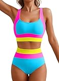 Herseas Womens Two Piece Bikini Sets Color Block Sporty Swimsuit Wire Free Full Coverage Stretchy Tummy Control Surfing Bathing Suit 2026 Summer Cute Resort Wear Blue Pink Small