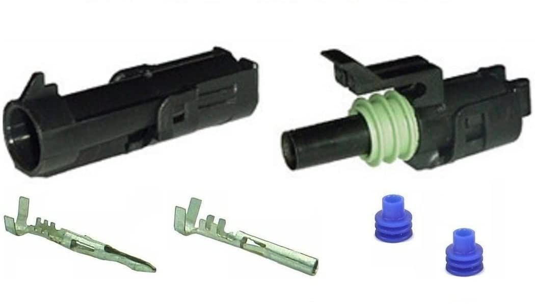 Muzzys 12-14-16-18 AWG Gauge 1 Pin Position Terminal Weather Pack WeatherPack Connector Male Female Set Weather Proof Guage Gage Wire Quick Disconnect QD Splice Kit