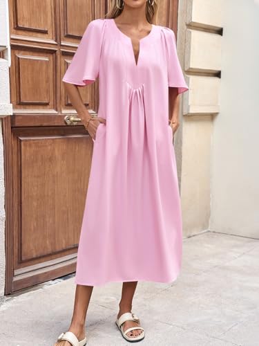 Image of Wenrine Womens Flutter Short Sleeve Maxi Dress Casual V Neck Side Slit Pleated Loose Flowy Summer Dresses
